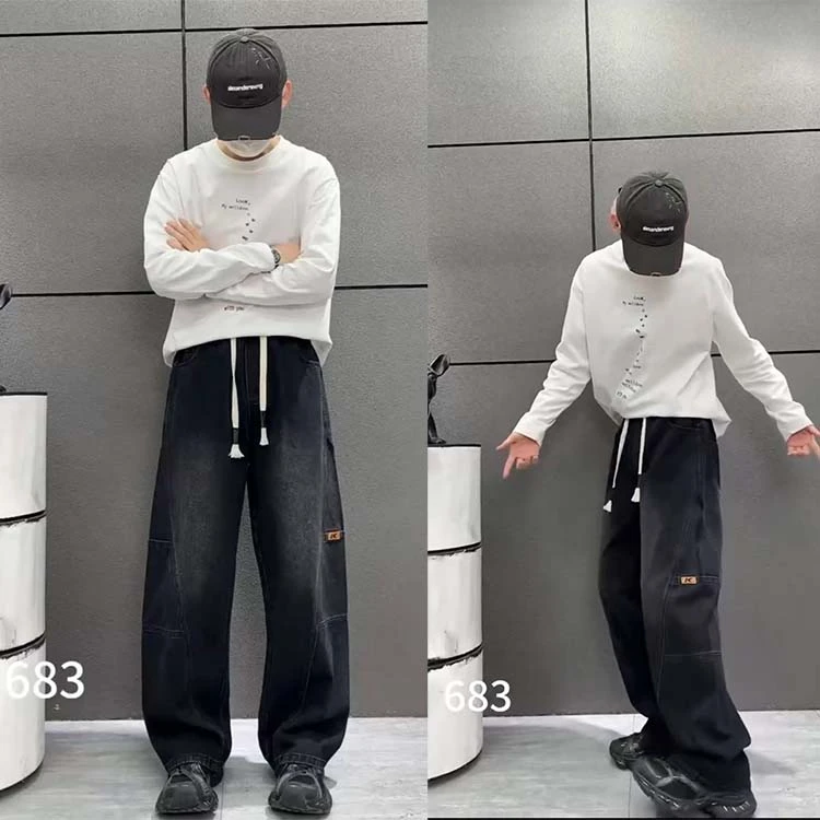 683春季2025新款牛仔裤宽松运动直筒百搭高街潮流ins牛仔裤抽绳