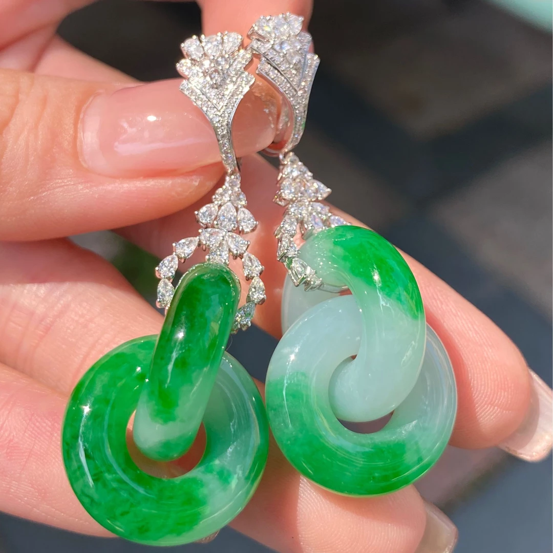 【品翠珠宝】天然缅甸A货翡翠环环相扣耳饰