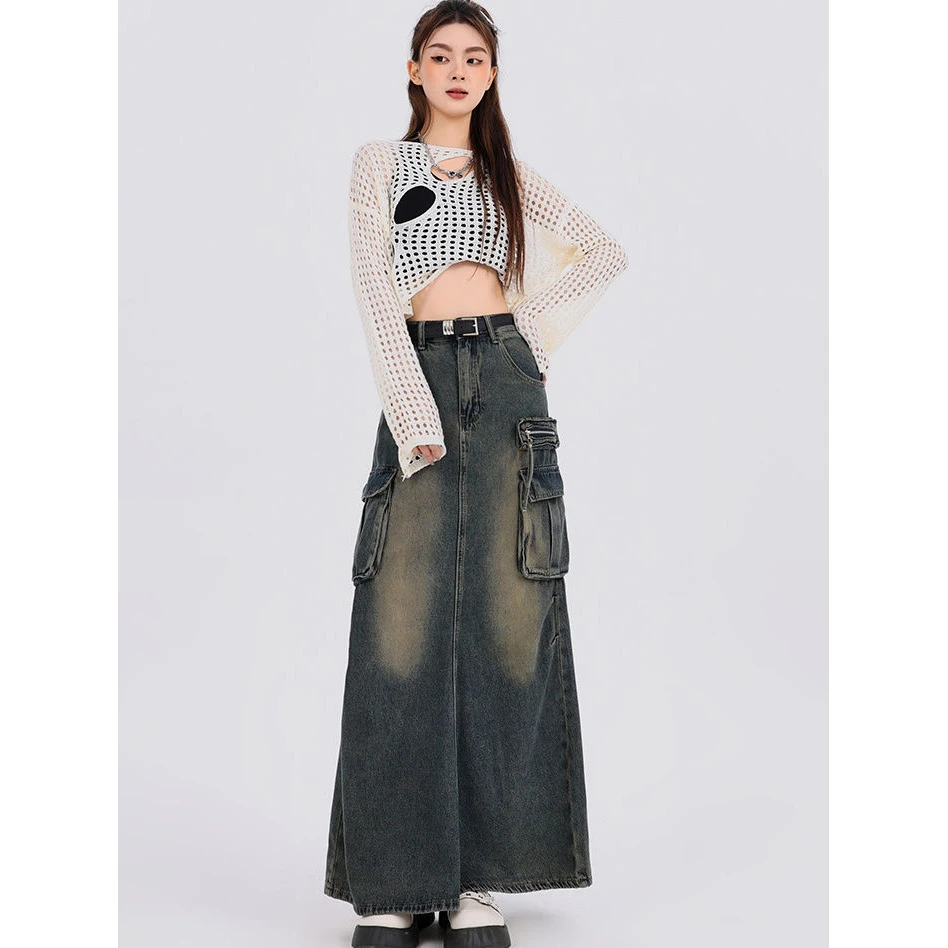 新款美式复古潮流牛仔中长裙女时尚百搭大口袋宽松显瘦高腰长裙潮