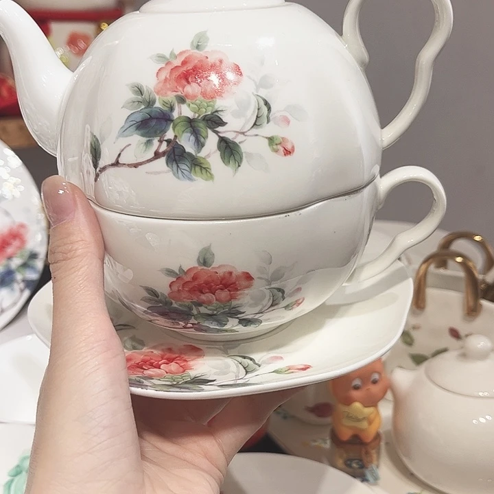 瓷片山茶花子母壶1套