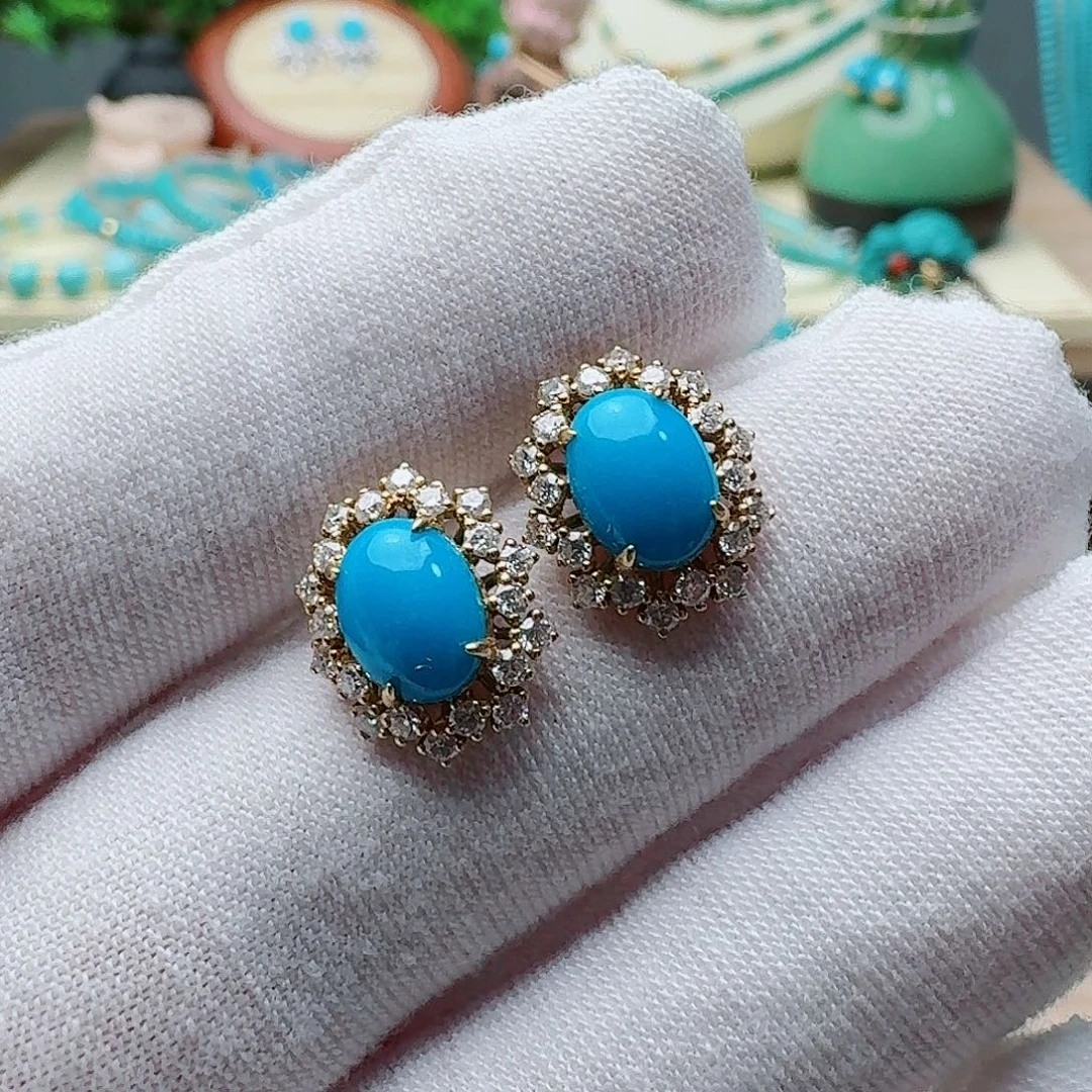 绿松石18K金镶嵌高瓷玉化暴暴蓝耳钉