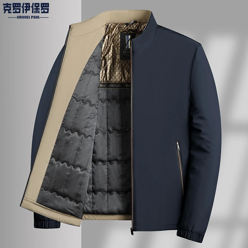 克罗伊保罗秋冬季男士立领夹克商务休闲加棉加厚防风拉链上衣外套