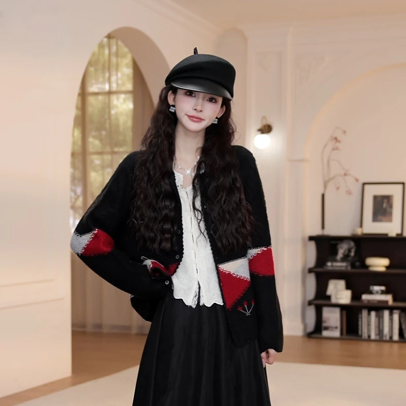 【YANYAN】拼色针织衫外套女秋季慵懒风百搭圆领长袖毛衣开衫8785