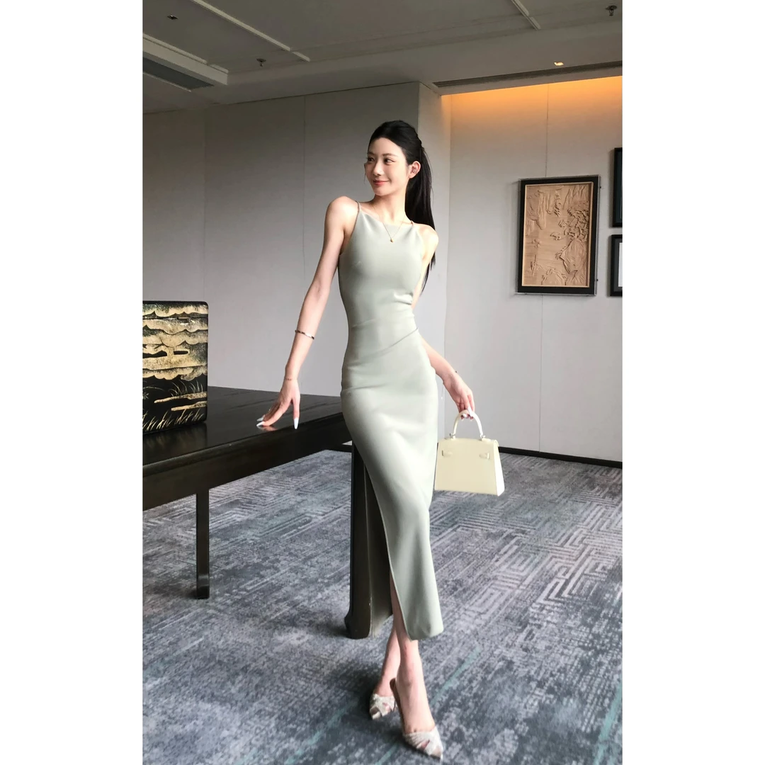 【温雅名伶】气质肯豆裙5.0弹力包身立裁一字领长长款温柔连衣裙女