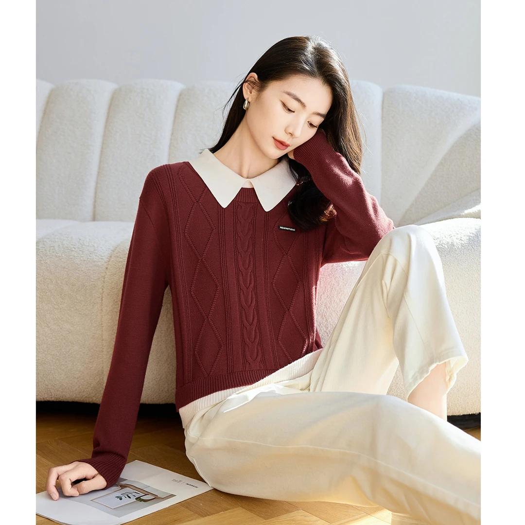 OSA/欧莎 假两件红复古通勤针织衫打底衫毛衣女加厚S124D16080