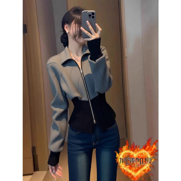 独特别致灰色撞色卫衣女2025秋冬气质名媛高级感时髦洋气拉链上衣