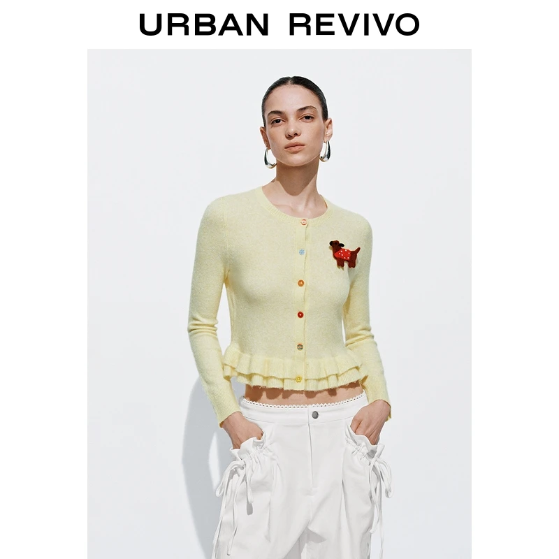 UR2025秋季新款女装休闲毛毡小狗荷叶边针织开衫UYL950169