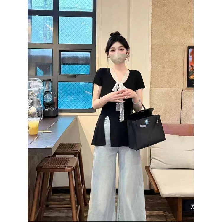 【清】正肩短袖T恤夏季大码小众设计感黑色纯欲风辣妹V领上衣-6778