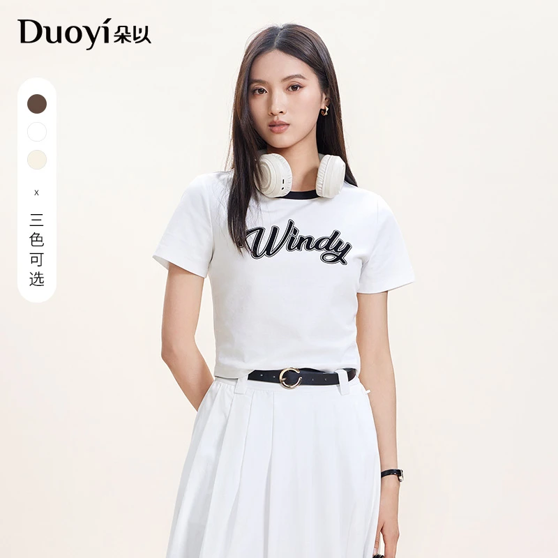 朵以2025秋季新款复古美式撞色印花短袖短款正肩T恤39DQ349087