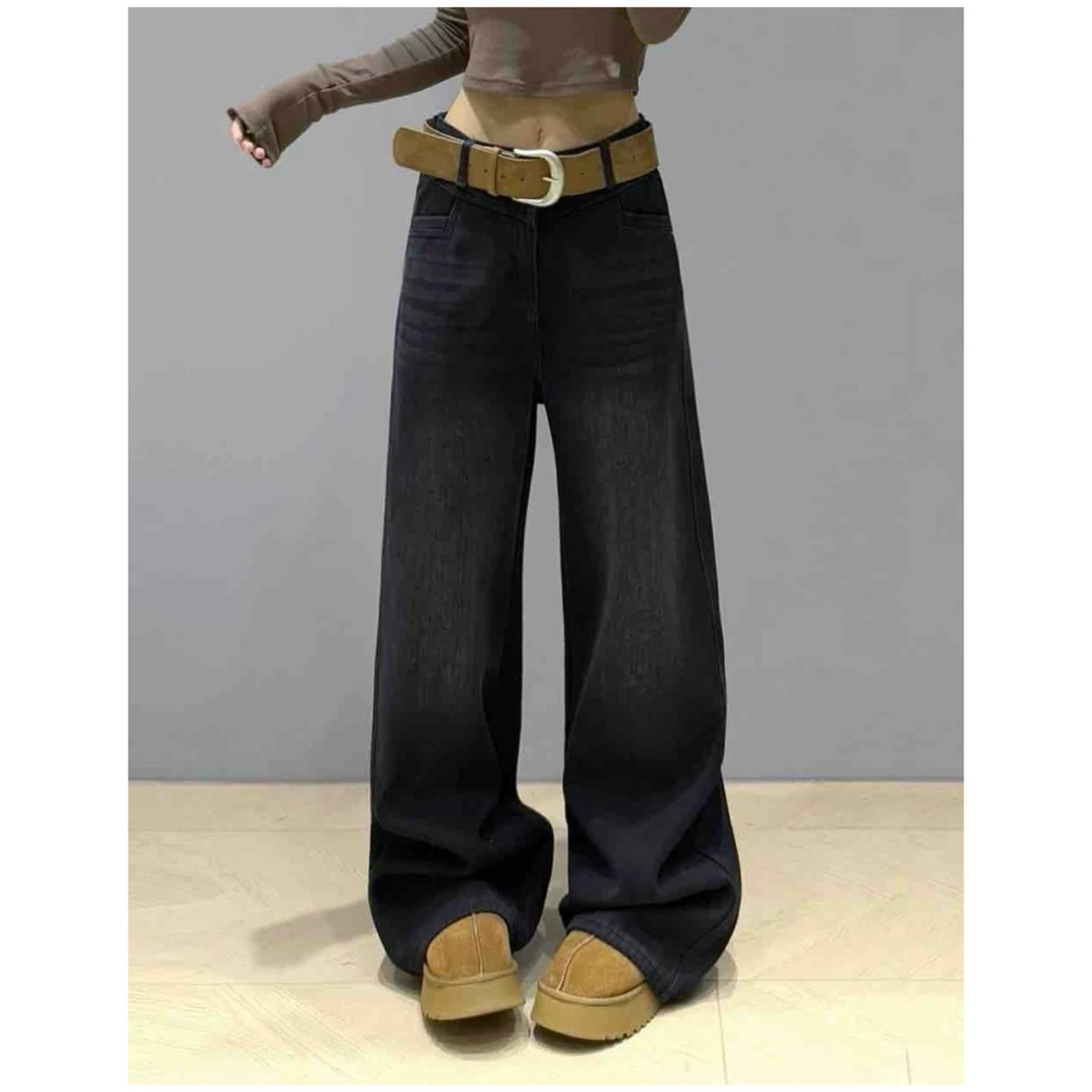 「小吴家」美式复古阔腿加绒牛仔裤女中高腰直筒裤拖地长裤