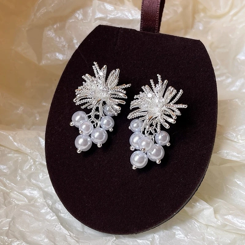 铜合金耳饰 银色烟花珍珠吊坠耳环女耳钉2025新款小众高级感耳饰