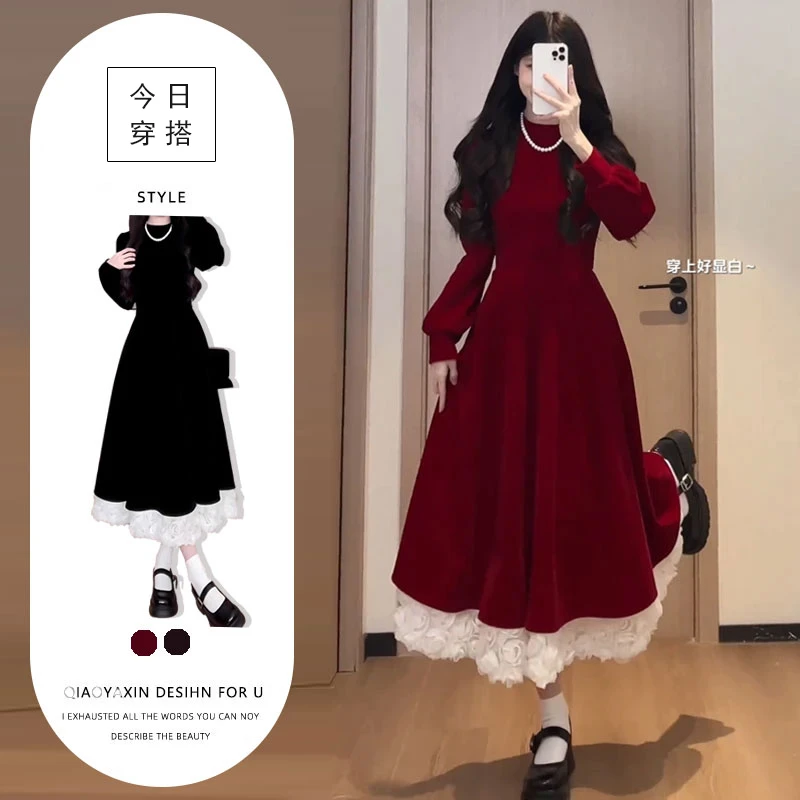 2025秋冬新款撞色拼接气质丝绒连衣裙复古时尚玫瑰礼服裙a字短裙