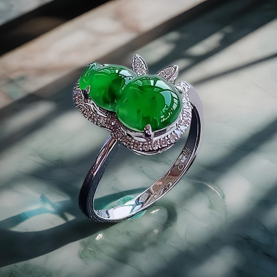 祖母绿翡翠女戒缅甸天然a货冰种翡翠葫芦18K白金伴钻戒指正品保真