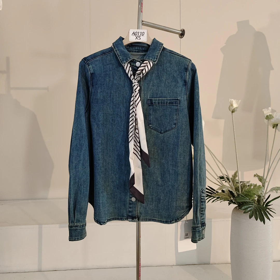 【大飞自营】A 0110 春款女装水洗牛仔棉丝带外套衬衣百搭休闲通勤