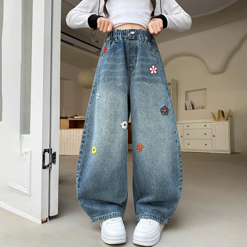 女童刺绣牛仔裤秋装2025新款洋气女大童韩版阔腿裤秋季儿童裤子潮