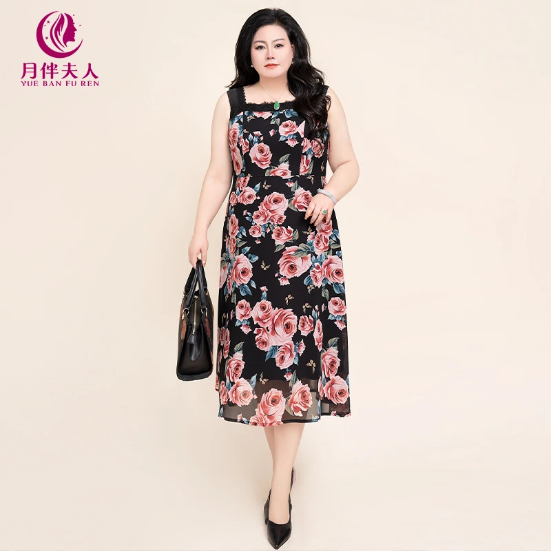 月伴夫人 2025夏季新款大码花朵蕾丝边上档次高端无袖连衣裙3968