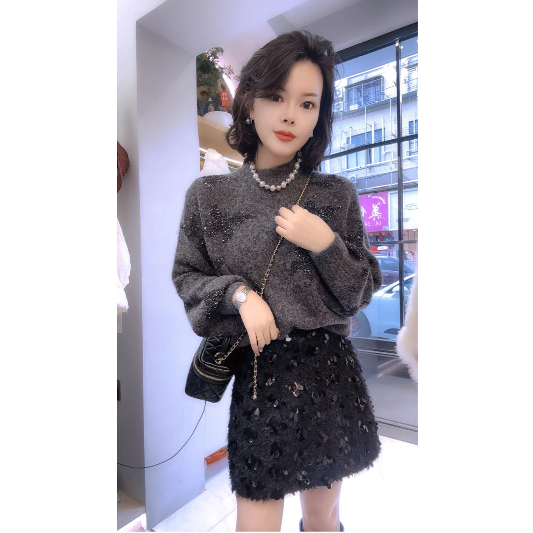 【小韩家】欧货24冬季新款重工亮丝蝴蝶结图案软糯羊毛衫毛衣