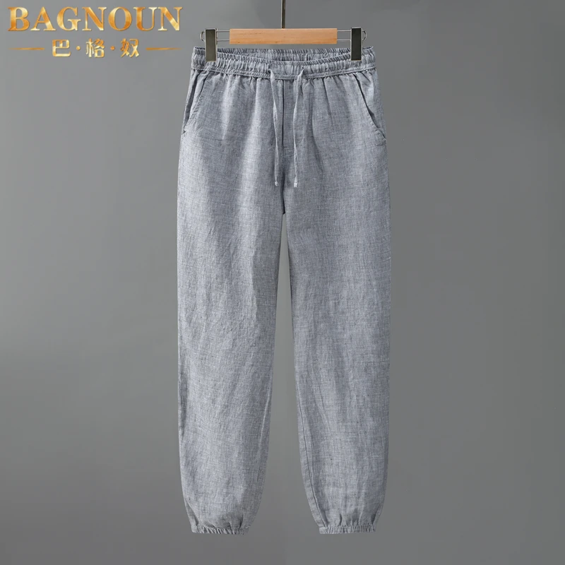 巴格奴纯亚麻休闲裤男士春夏新款时尚潮流织料束脚大码款透气长裤