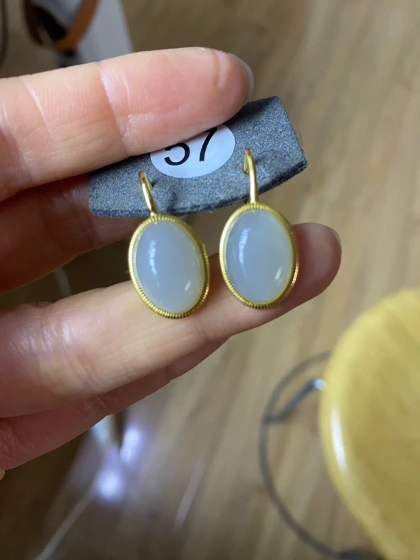 和田玉大蛋面耳饰 s925银银镶嵌