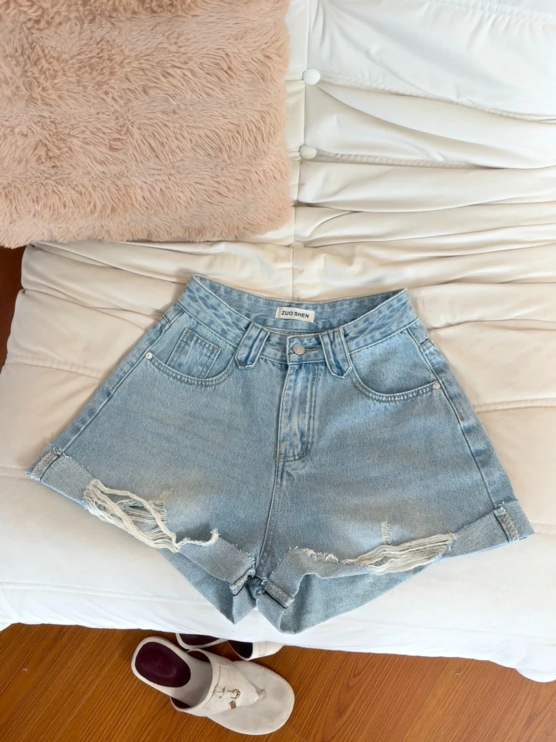 QiQi【薄荷蓝】美式复古牛仔短裤三四分裤百搭显瘦休闲薄款-5581
