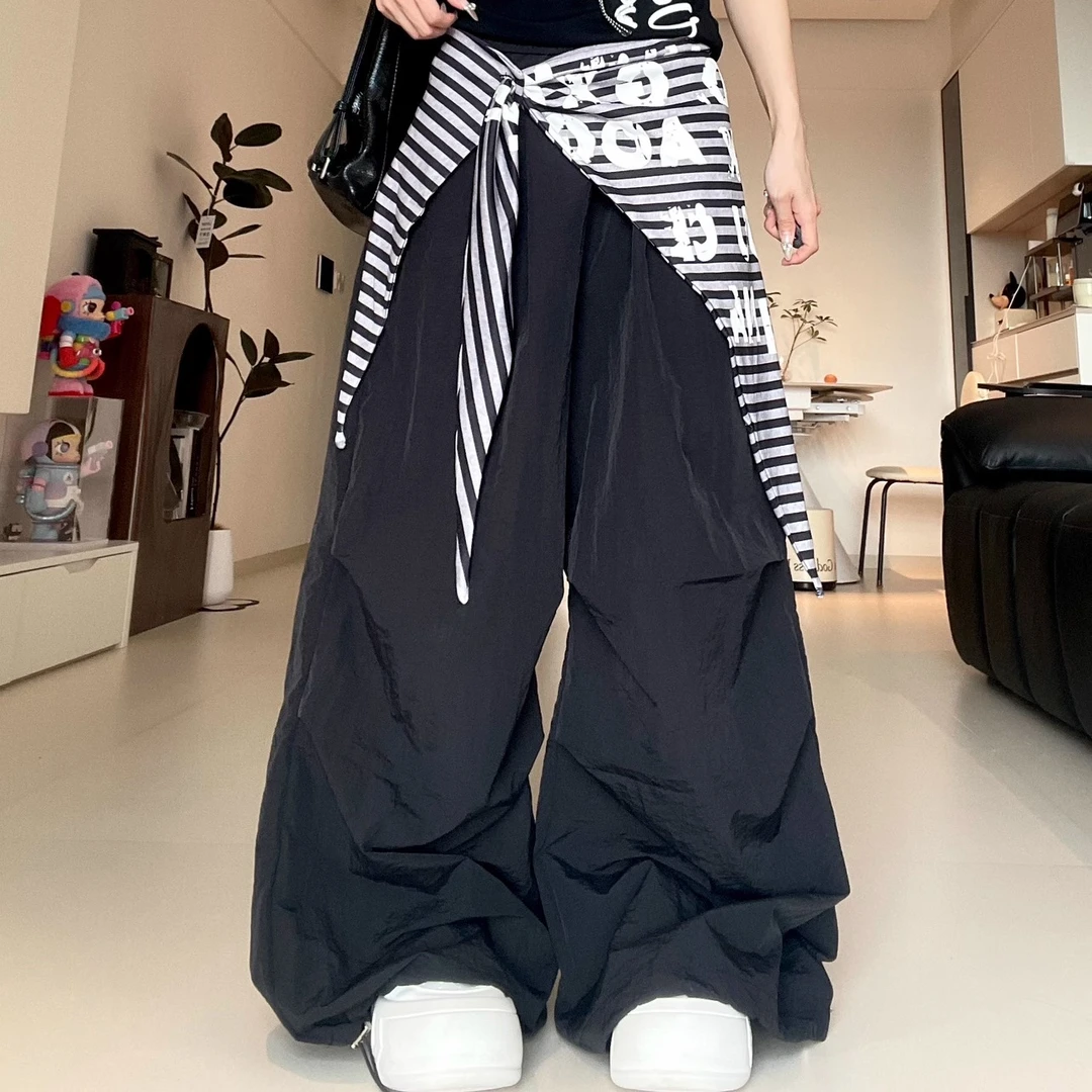 布零零条纹美式速干工装裤女夏季薄款宽松阔腿爵士跳舞裤子设计感