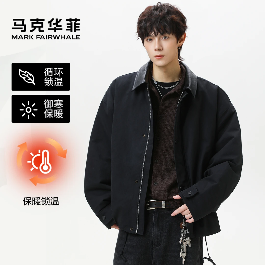 马克华菲纯色复古潮流棉服巴恩风撞色翻领工装夹克美式保暖面包服