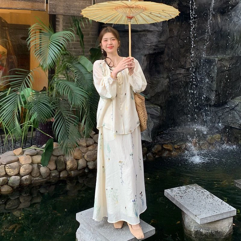 胖mm大码新中式国风印花碎花衬衣半身裙套装女夏季气质减龄三件套