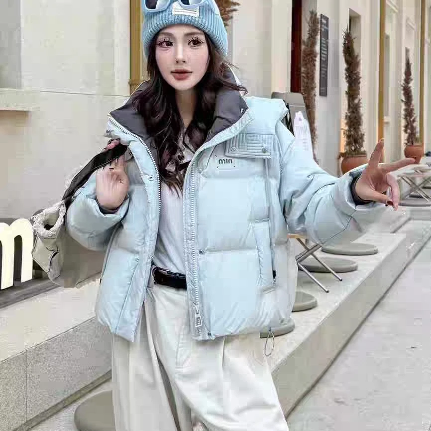 撞色连帽时尚轻薄羽绒服女短款2024冬季小个子宽松加厚外套