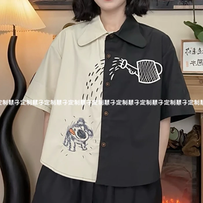 HZ“激灵狗”原创重工刺绣椭圆领拼接撞色设计短袖韩版ins衬衫上衣