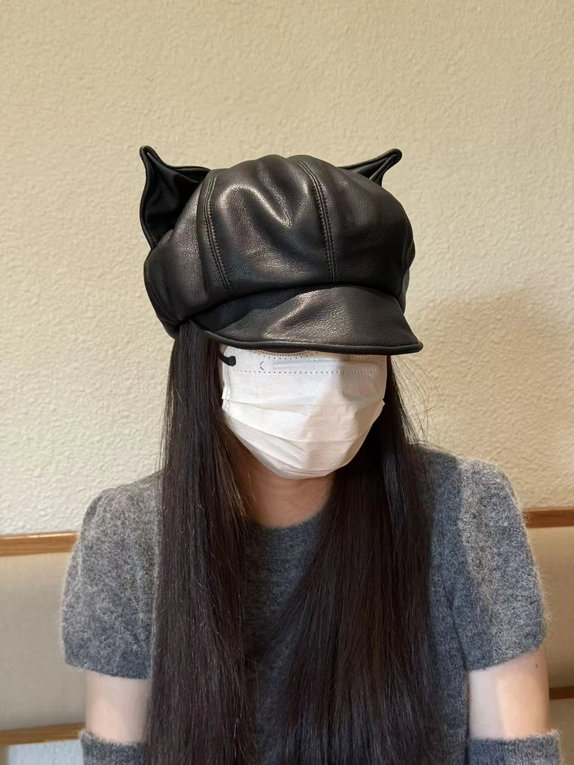 可爱猫咪耳朵翻檐皮质贝雷帽女2025新款秋冬显脸小八角帽云朵帽子