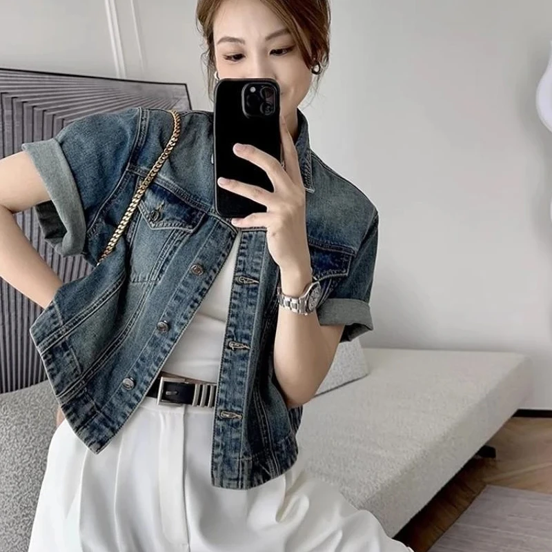 复古港风短袖牛仔衬衫外套女早春款宽松小开衫2025新款上衣