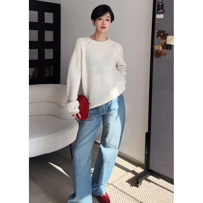 停售-BAYBERYL老贝椿礼*卷边插肩袖羊绒圆领25春针织衫ZZS5A0904-