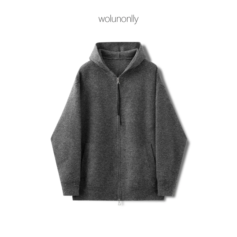 冬季加厚老钱风极简cleanfi廓形连帽开衫毛衣男士纯色针织开衫男