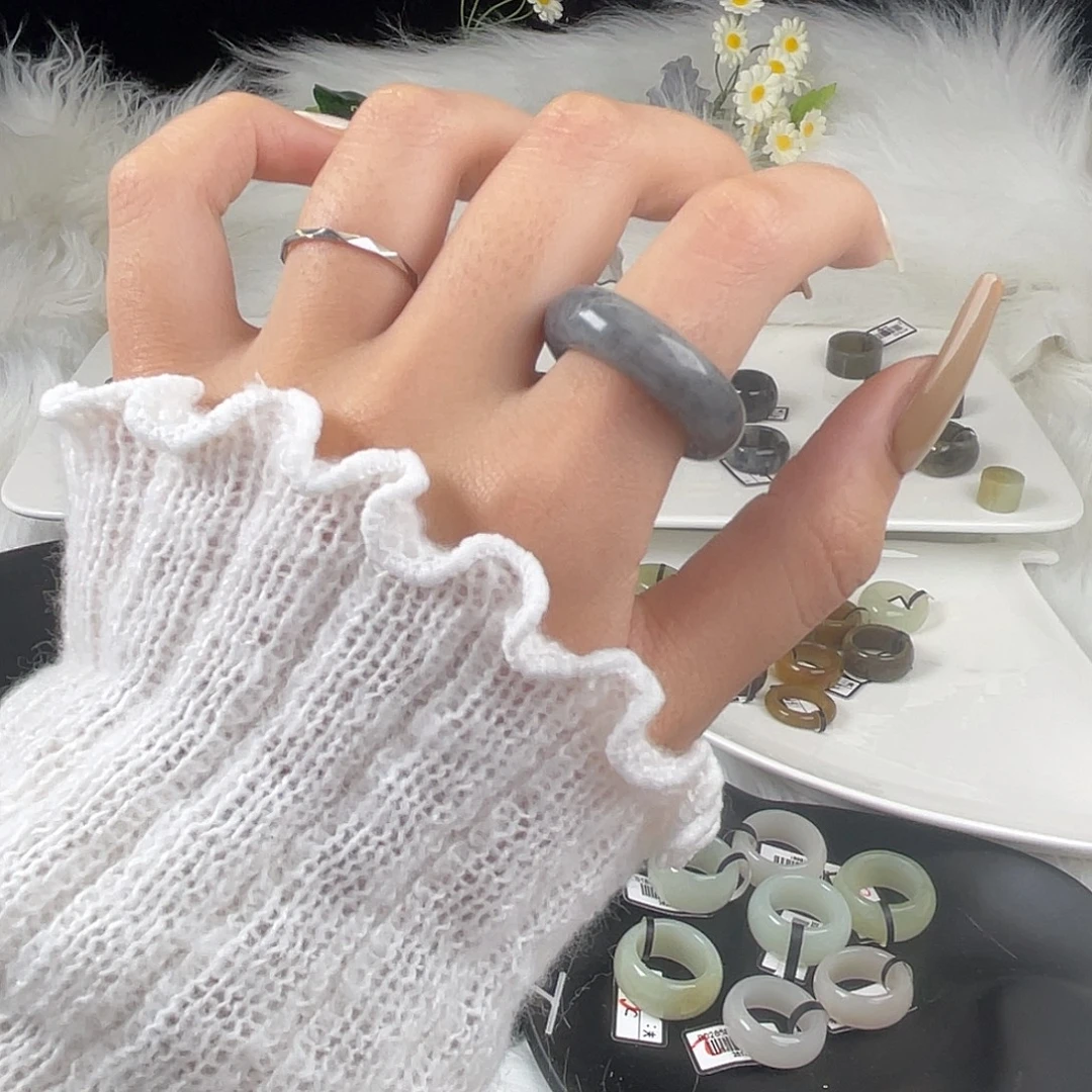 和田玉未镶嵌戒指U62黑芝麻甜甜圈18.9mm