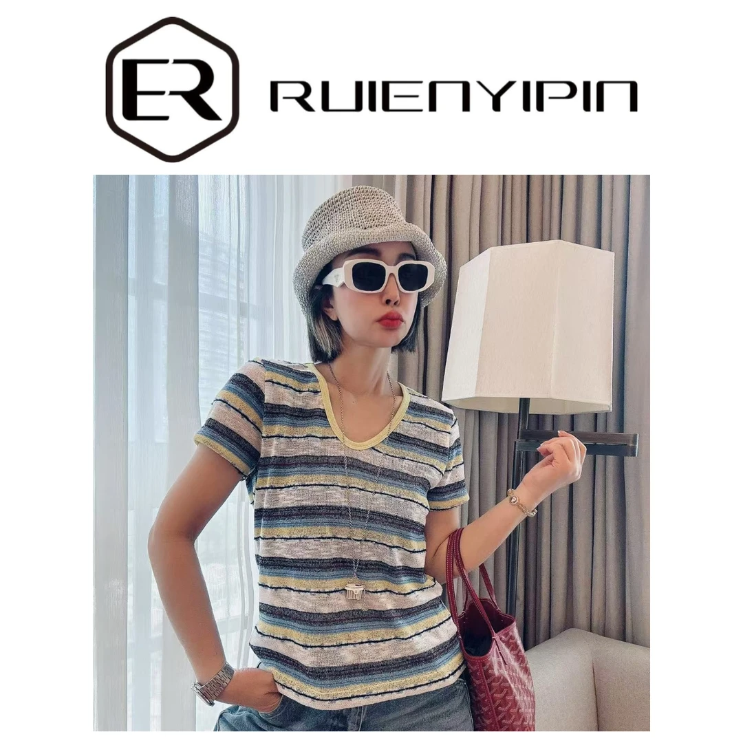 7171#【炫妈】彩条纹针织短袖显瘦时尚