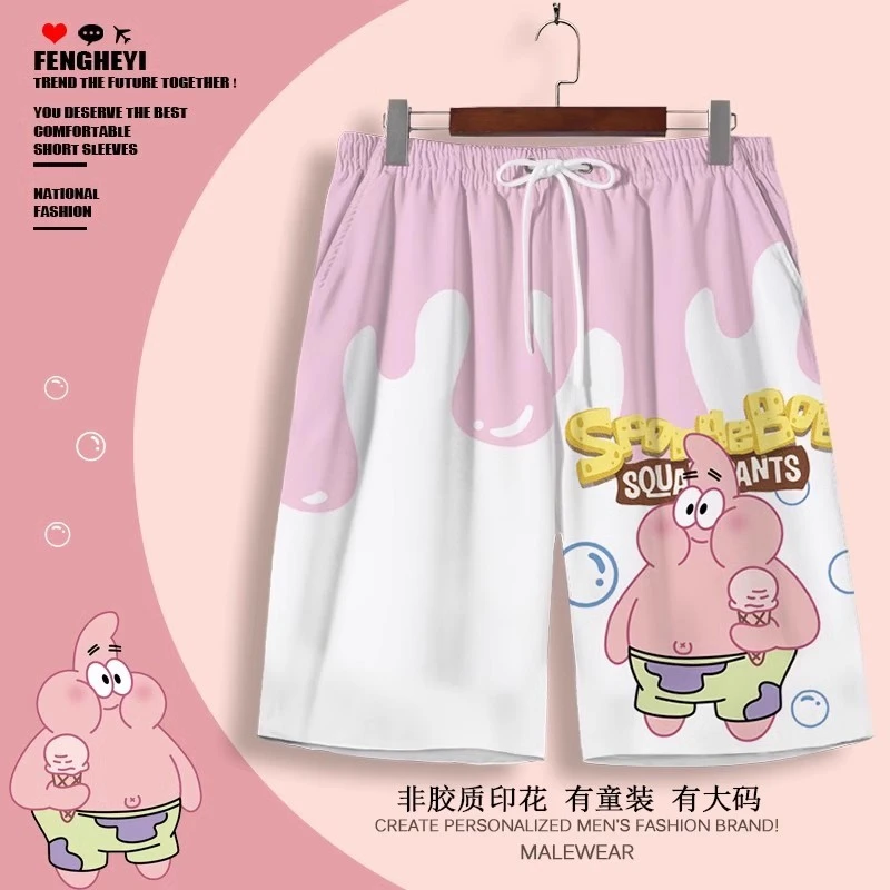 薄款短裤男女海绵宝宝联名沙滩裤卡通印花五分裤宽松大码休闲裤子