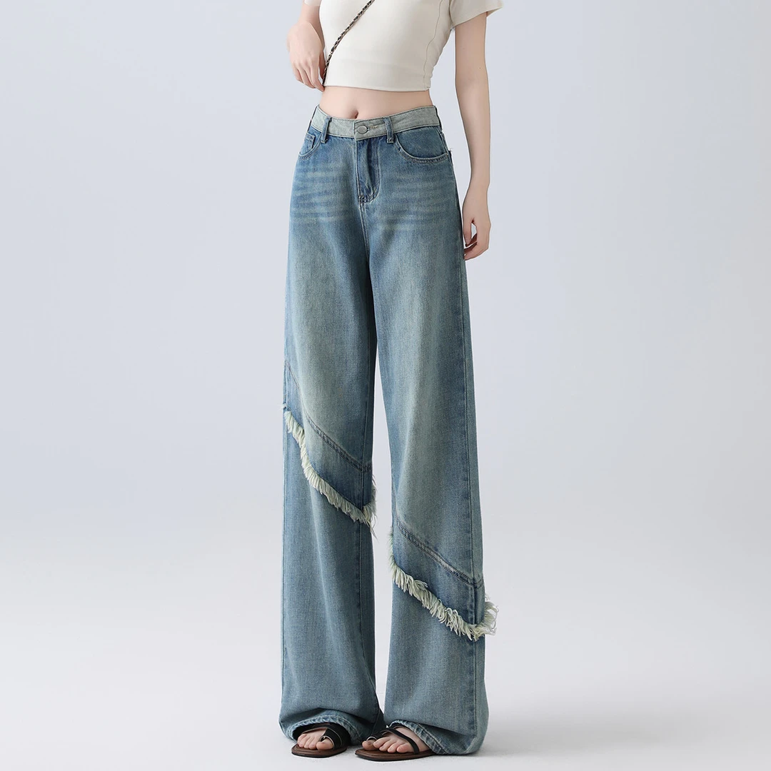 i.tccaabb毛边牛仔裤女款休闲阔腿裤拖地裤女CABJNX0006450