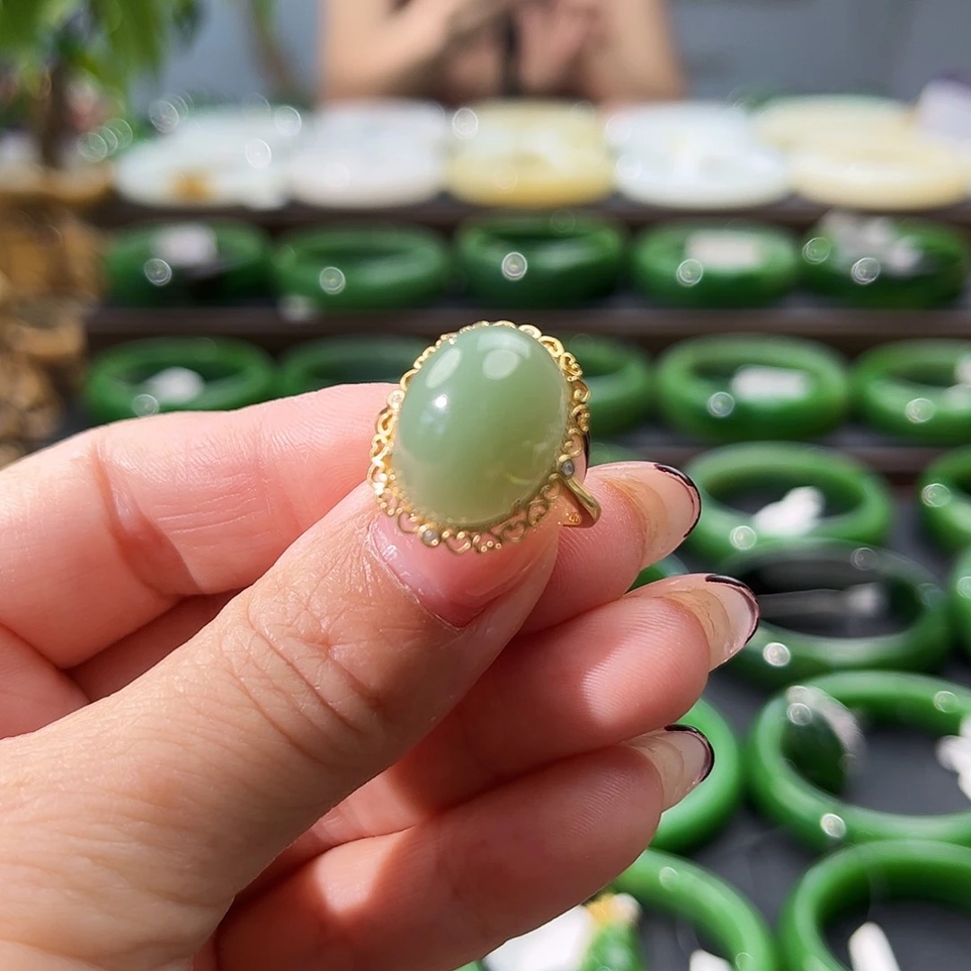 和田玉（碧玉）戒指银S925镶嵌线*