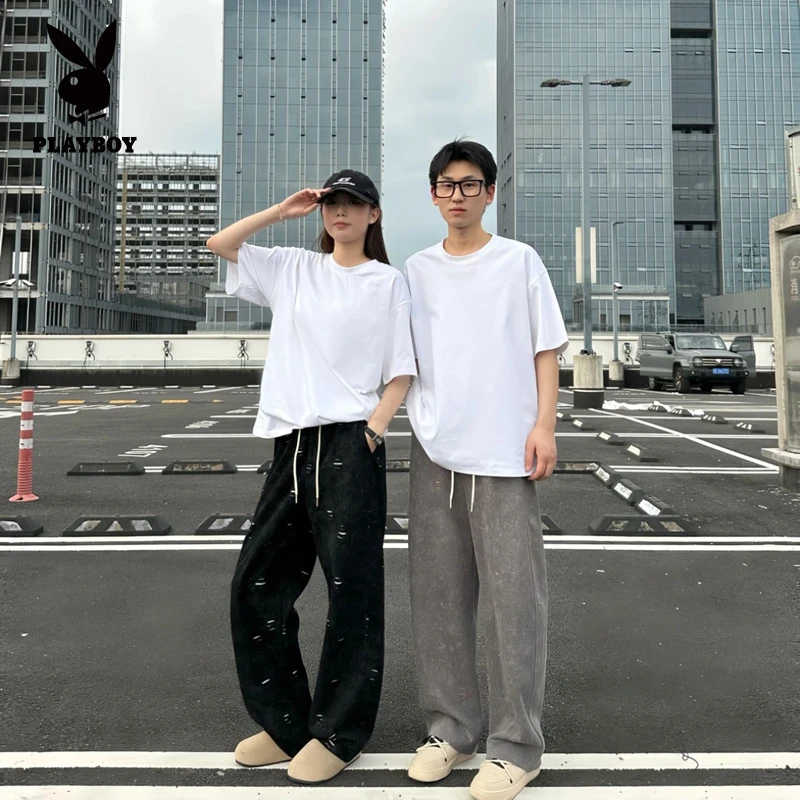 花花公子早秋撞色卫裤不规则破洞直筒裤秋季卫裤男潮流ins休闲裤