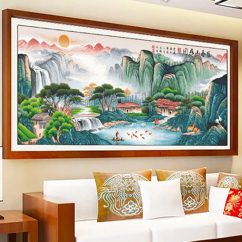 中式山水风景富春山居图十字绣客厅大幅满绣手工线绣