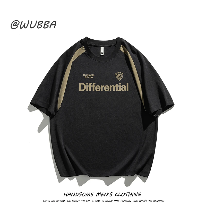 轻奢高档黑色撞色拼接短袖T恤男潮牌ins半截字母印花圆领半袖体恤