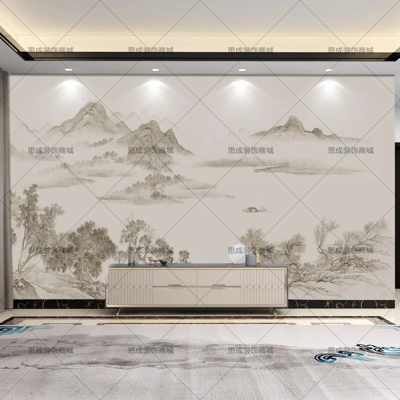新中式水墨山水迎客松竹木纤维墙板客厅电视背景墙茶室包厢护墙板