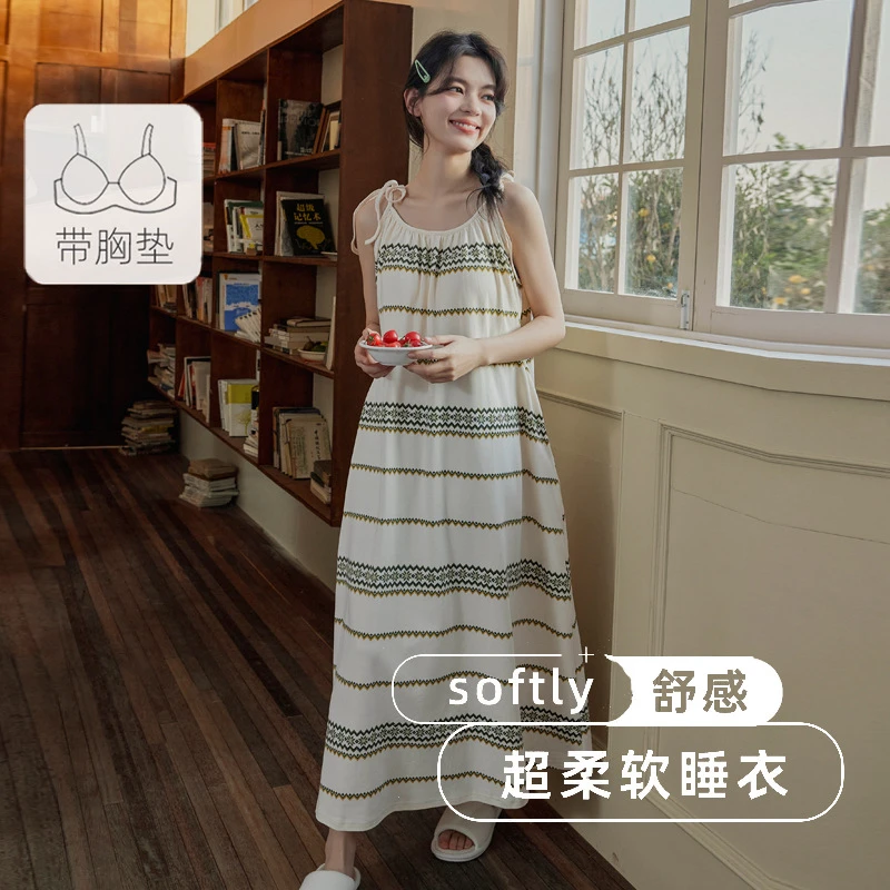 MS云朵棉睡裙女夏季带胸垫性感吊带睡衣2025中长款连衣裙家居服