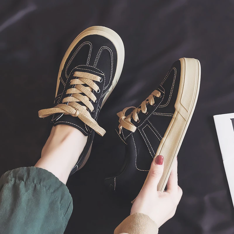 人本帆布鞋女休闲百搭2025春季学生黑色厚底ins低帮韩版透气板鞋