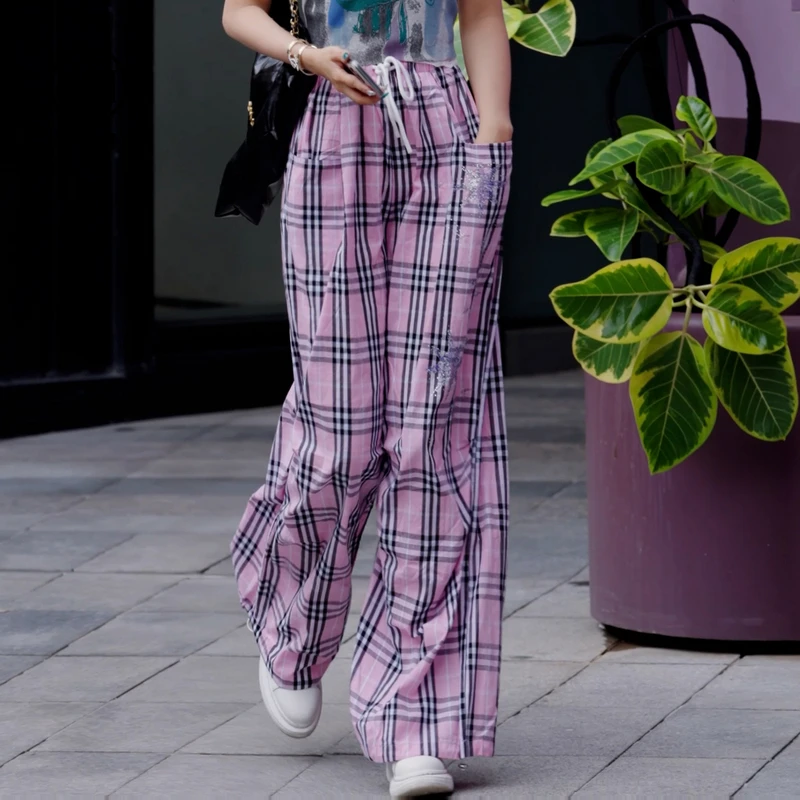 TCH私服秋款烫钻时尚休闲百搭气质条纹长裤女T75C20E1009轻奢tch