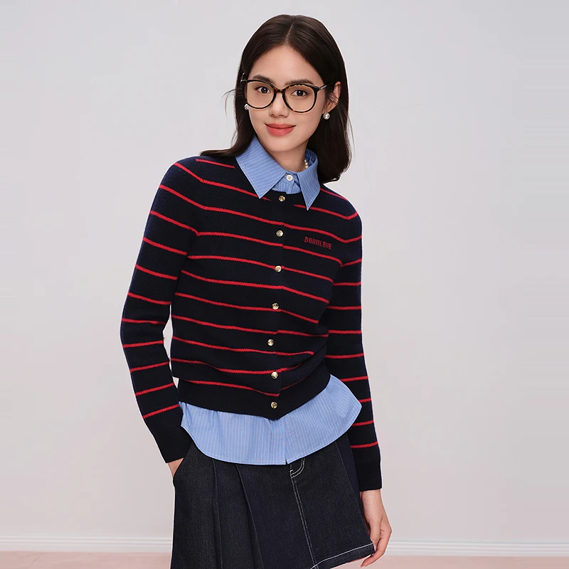 【复古条纹控】羊毛针织开衫毛衣外套DOUBLOVE贝爱2025秋季新款