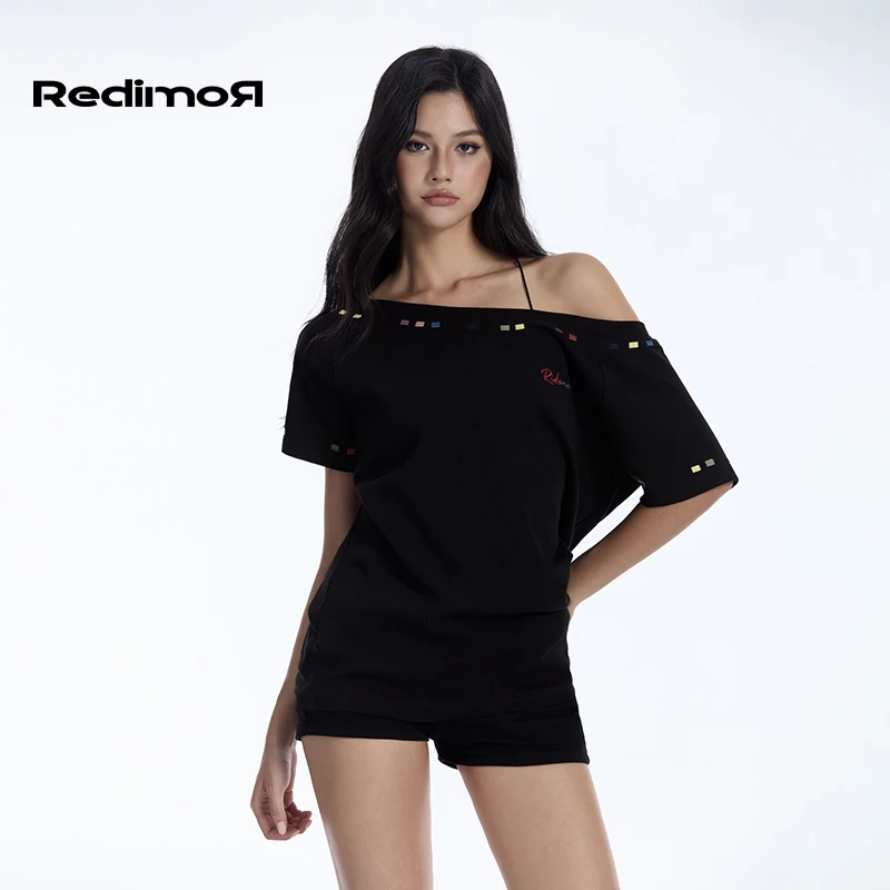 【秋秋清仓】REDIMOR 美式高街彩色斜肩宽松慵懒感休闲T恤252RC1084