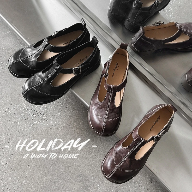 森系复古单鞋女小众设计水洗真皮浅口T字带平底玛丽珍鞋子小皮鞋