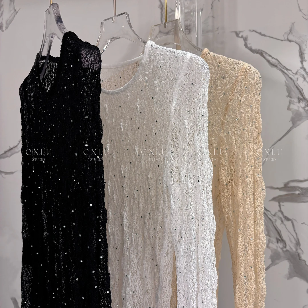 薄纱点钻闪耀透视网纱蕾丝柔软修身上衣打底衫2477