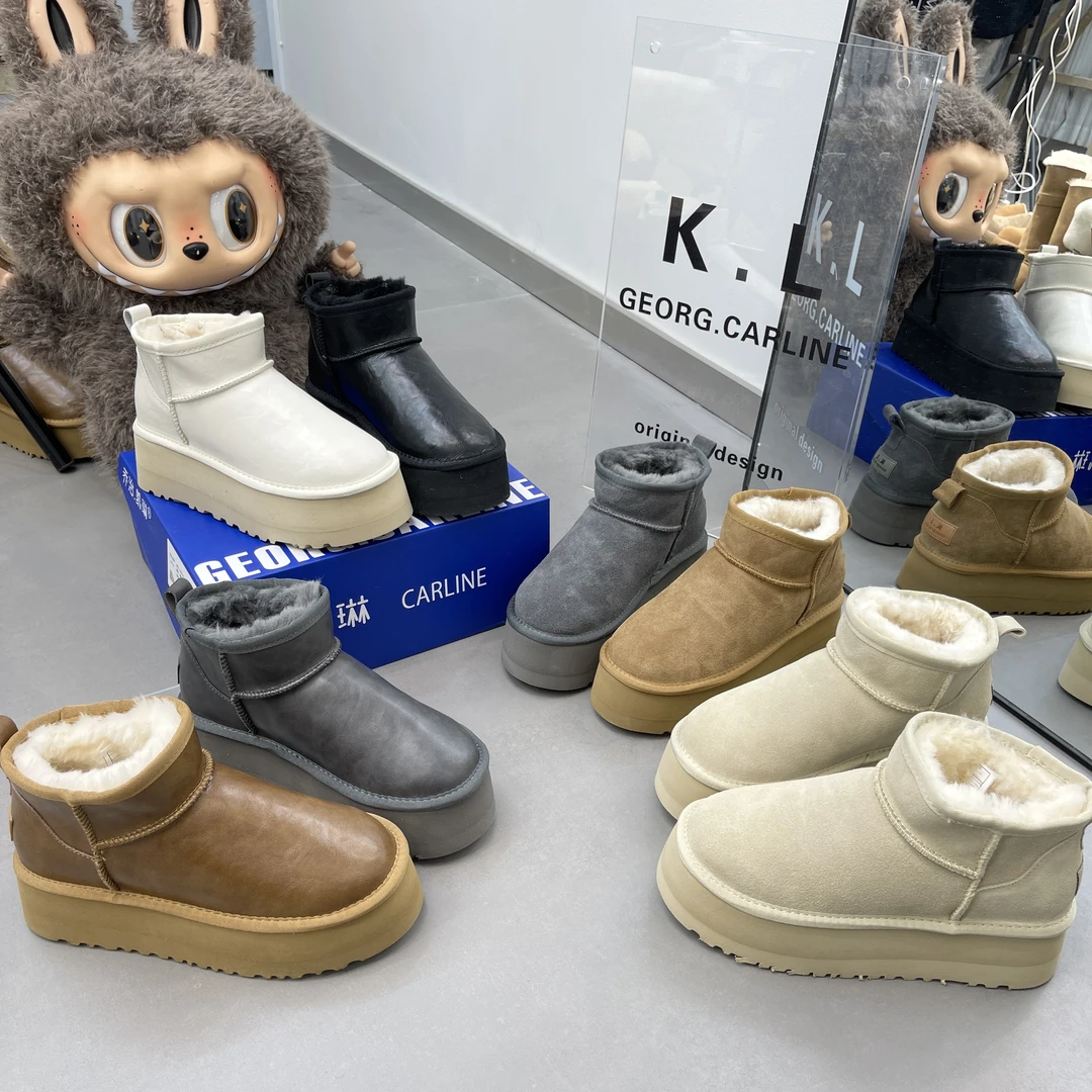 桑坡增高5厘米雪地靴女洋气光面厚底牛皮羊毛加厚保暖加绒小个子